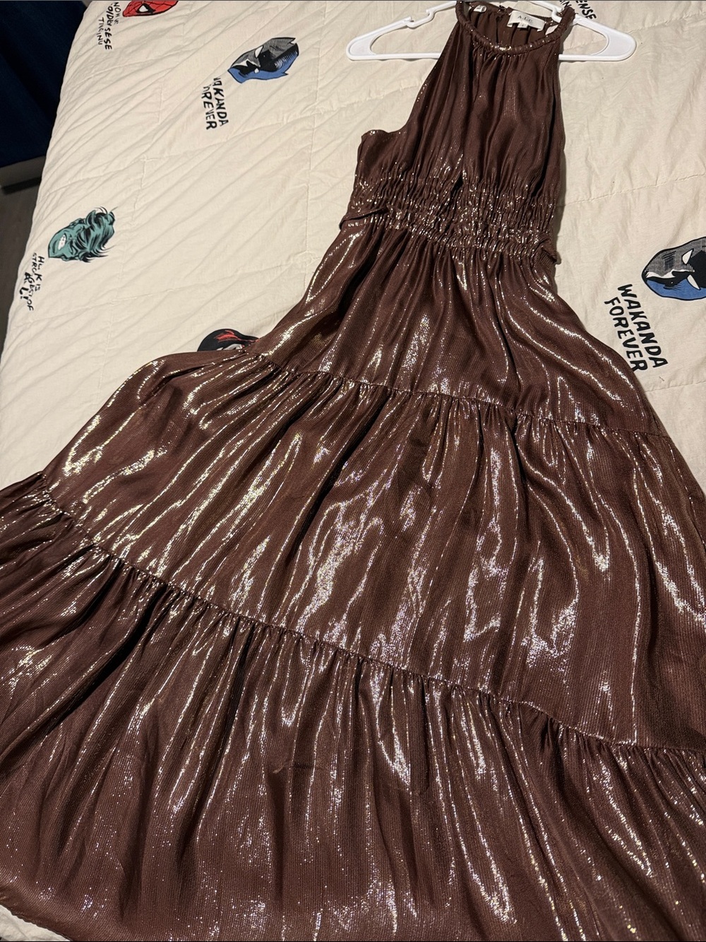 A.L.C. Silk Shimmer Brown Tiered Halter Maxi Dress
